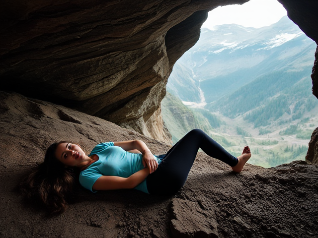 Brunette wearing a light blue t shirt and dark blue leggings left lying  in a mountain cavern