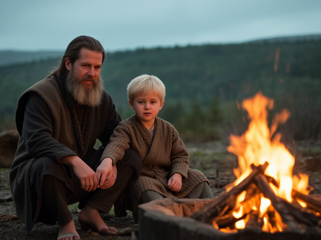 A Pictish blonde boy sitting by a fire with his tribal parents