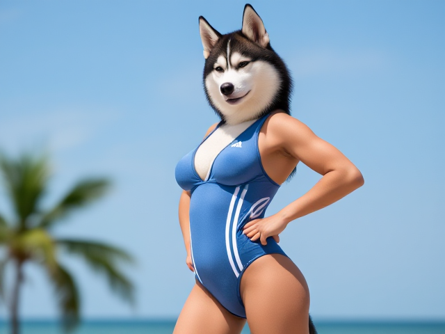 A cute anthropomorphic Siberian husky wearing an adidas swimsuit showing off her strong hips