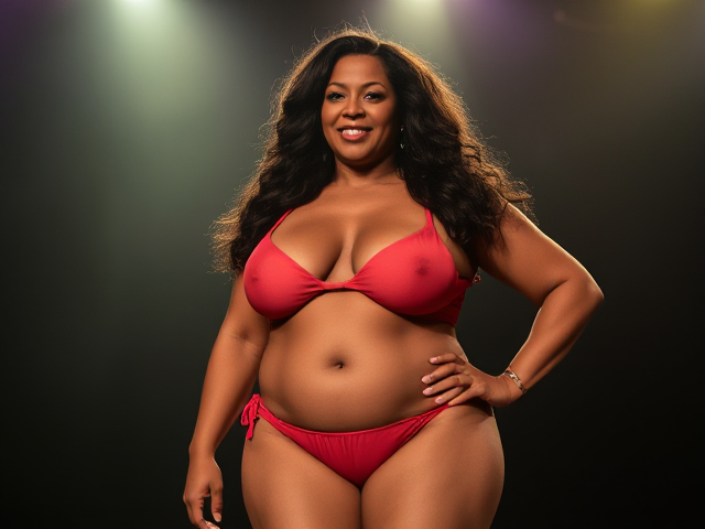 Curvy fat black woman 55 years old with wavy long hair, in a tiny bikini on stage