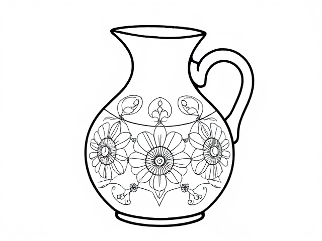 Create a simple black-and-white coloring page featuring a cute little jug designed in a sketch style. ensure  jug in full-body outline in a mandala style, use only outline ensuring it appears playful and approachable for young children aged 2 to 4. Design simple jug with basic, friendly features, emphasizing a round body incorporating . Include a friendly expression to enhance its inviting character.