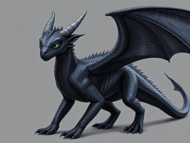 Young Female dragon with dark, midnight blue scales and huge obsidian black wings; obsidian black underbelly and clawed feet. She has small icicle-shaped horns that align from her head horns down to her back jaw. Her eyes are venom green. Narrow, straight, beautiful face and an elegantly long neck. Has small ears like a horse. Powerfully built with taut muscles under her scales. She moves purposefully and proudly; has an expression of maturity and seriousness in her face
