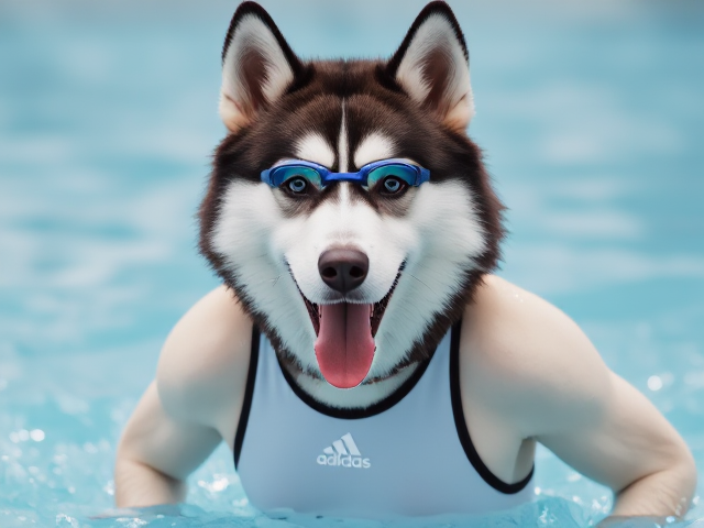 A anthropomorphic Siberian husky wearing an adidas swimsuit and swimming goggles