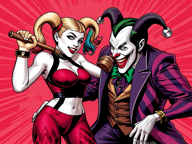 Harley Quinn hitting the joker with a hammer