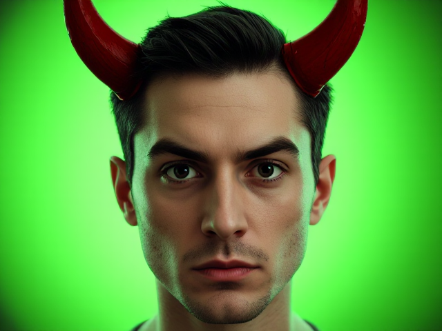 create a realistic guy with a neutral but intense expression. He should have wide-open eyes staring straight ahead. Add red devil horns digitally on top of his head and place a small,  Behind this character, apply a green glow or aura to make him visually pop out and stand apart from the rest.
