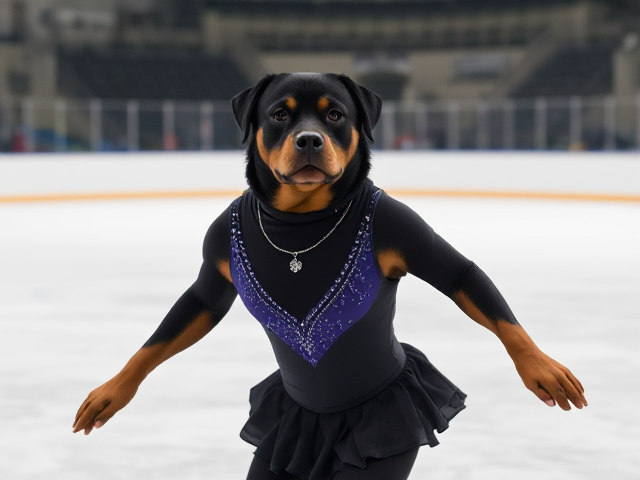 A anthropomorphic Rottweiler ice skating wearing a gymnastics leotard in a ice rink