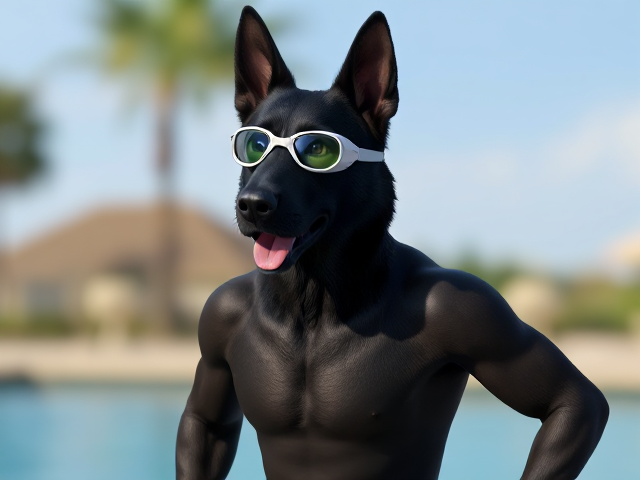A anthropomorphic black German shepherd with a long torso and broad shoulders wearing a one piece swimsuit and swimming goggles