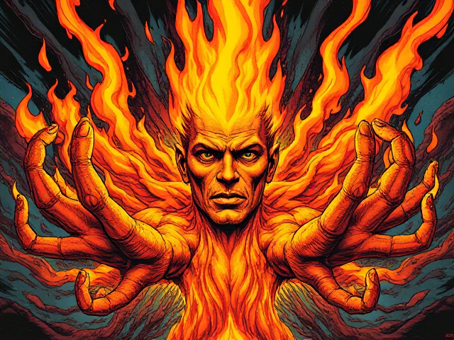 Fire with limbs and a face