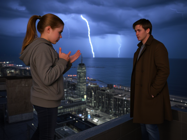 A petite 13-year-old girl with strawberry blonde hair in a ponytail, wearing a hooded pullover and jeans, is standing on the roof ledge of a night club. Next to her on the roof, standing nearby is a modern-day, pale skinned vampire in his late twenties, with blonde hair, dressed in a brown trench coat and jeans. He appears uneasy as he looks at her, holding his hands out and palms up, taking a step back. The girl gestures angrily at him with her hands, flailing her arms and scowling angrily at him in frustration. A thunderstorm approaches the cityscape from the sea shore. Set at night. The girl has a cut in her forehead.