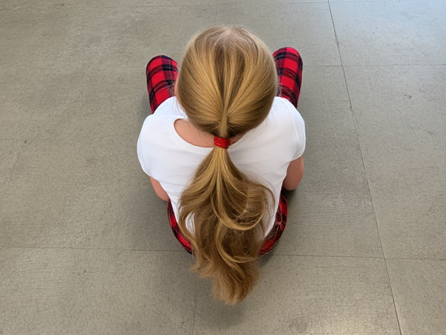 14 year old girl blonde ponytail butt in red and black plaid pants and white tshirt laying down on concrete floor