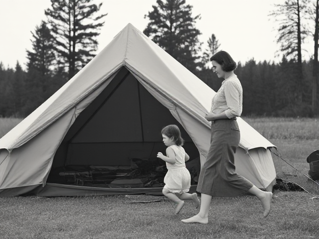 1940 tent camping and mother standing holding baby and 8 year old girl running to mother