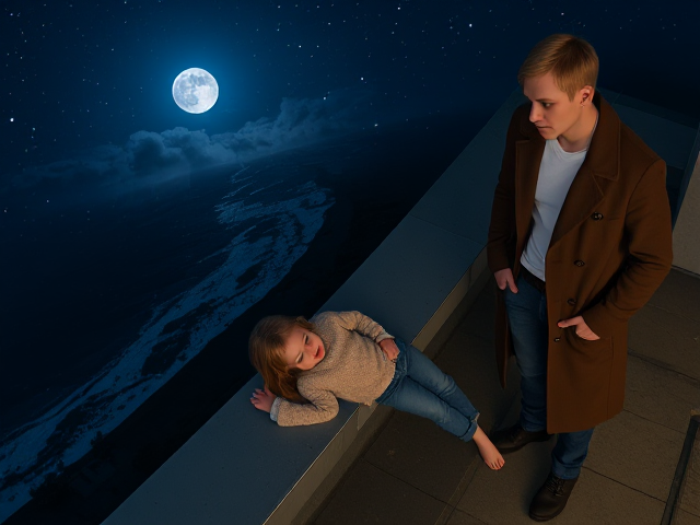 A petite 12-year-old girl with strawberry blonde hair, wearing a cozy pullover and jeans, is laying on the roof ledge of a night club. She is on her back, gazing up at the night sky filled with stars. Next to her on the roof, standing nearby is a modern-day, pale skinned vampire in his late twenties, with striking blonde hair, dressed in a brown trench coat and jeans. He appears uneasy as he looks downward. A thunderstorm approaches from the nearby sea shore.