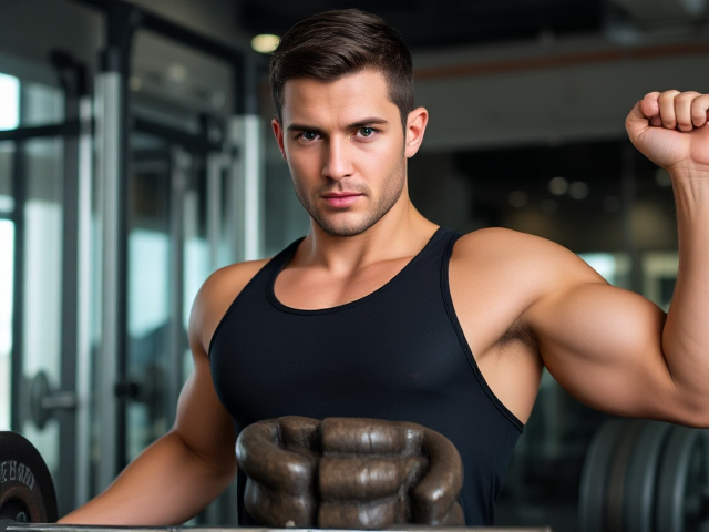 A fit and muscular man in his early 30s is lifting weights in a gym, his body glistening with a light sweat. His short, dark hair is slightly damp, and his chiseled jawline is accentuated by a clean-shaven face. He’s wearing a black tank top that clings to his broad chest and arms, along with gray athletic shorts. His intense green eyes lock with the viewer’s, showing determination and strength. The modern gym setting is equipped with sleek equipment, as the man appears mid-rep, showcasing his toned physique.