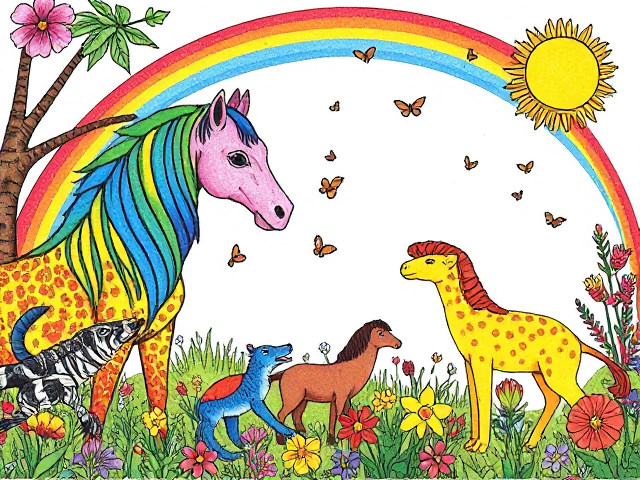 Rainbow side coloring of animals all around there bodies