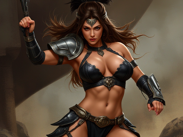 Black Bikini warrior women, intricate armor details, fierce expression, dynamic action pose, detailed background, high-resolution