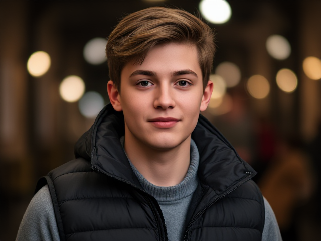 A really sticking image of a young a realistic image of a young male teenager wearing a puffy down vest