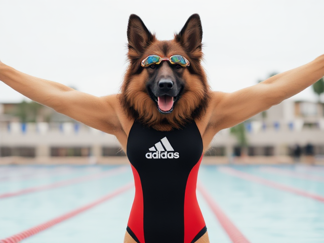 A tall anthropomorphic long haired German shepherd wearing an adidas swimsuit and swimming goggles stretching her arms before a swim