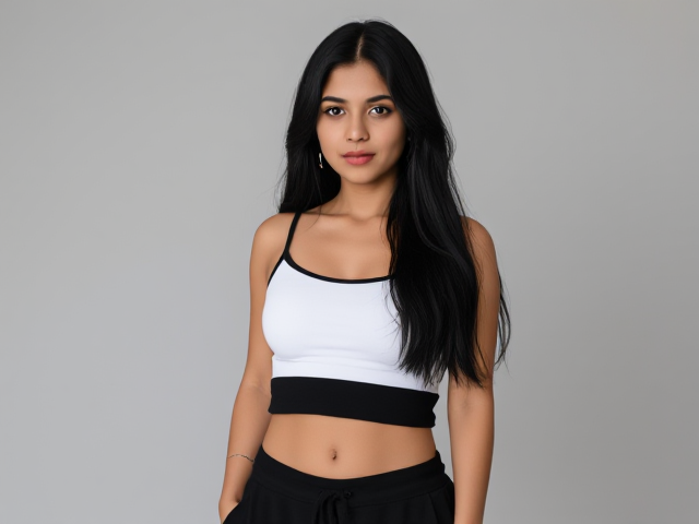 A indian girl in her mid twenties, black hair and brown eyes, wearing baggy black pants and a white crop top with black accents.