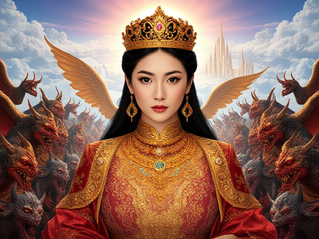 A stunningly beautiful Asian woman, whose features exude an enigmatic allure reminiscent of the legendary queen from the tales of King Solomon. She is adorned in opulent royal garments, the intricate embroidery and gleaming jewels reflecting the rich tapestry of wisdom and power. Her eyes, deep and knowing, hold an otherworldly charm that draws the viewer into their depths. An ethereal aura of light surrounds her, symbolizing the profound knowledge she embodies. The scene is set in a grand celestial court, where 76 demons and angels, each meticulously detailed with expressions of awe and respect, bow before her in a display of harmonious submission. Their diverse forms, ranging from the grotesque to the heavenly, create a vivid contrast against her regal presence. The background unfurls into a panorama of a floating city, a vision of paradise with its gleaming spires and radiant hues that blend seamlessly with the clouds above. The path before her is clear, as if inviting her to claim her place in this heavenly domain. The image captures the essence of an ancient narrative reimagined, where the female form is the embodiment of both beauty and wisdom, demanding reverence from all who behold her majesty.