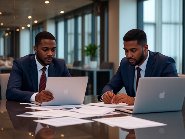 Jeunes cadres afro-américaines dans une salle de réunion moderne, collaborant et écrivant un rapport sur des ordinateurs portables et des documents éparpillés sur la table