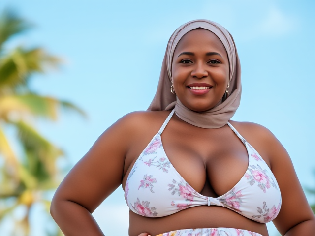 A confident and cheerful curvy older woman wearing a hijab on her head, posing behind a bright blue sky with palm trees. She wears a white floral-patterned bikini top that exposes her curvy cleavage and a exotic underskirt, exuding a warm and relaxed summer vibe. The setting is outdoors, with soft natural light enhancing her vibrant and friendly expression.