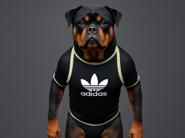 A anthropomorphic Rottweiler wearing an adidas swimsuit