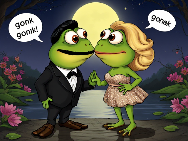 A very cartoon frog wearing a dark suit with slicked-back Elvis Presley hair, a French mustache, and polished shoes, standing next to another frog in a strapless sequined dress with big eyelashes, blonde curly hair, and high heels. Their lips are puckered as if to kiss, with their eyes bulging out like a old cartoon against a romantic moonlit background with twinkling stars and soft glowing light reflecting on a serene pond surrounded by blooming flowers and lush greenery. Eyes are shooting out six inches. There are speech bubbles saying "gonk gonk"