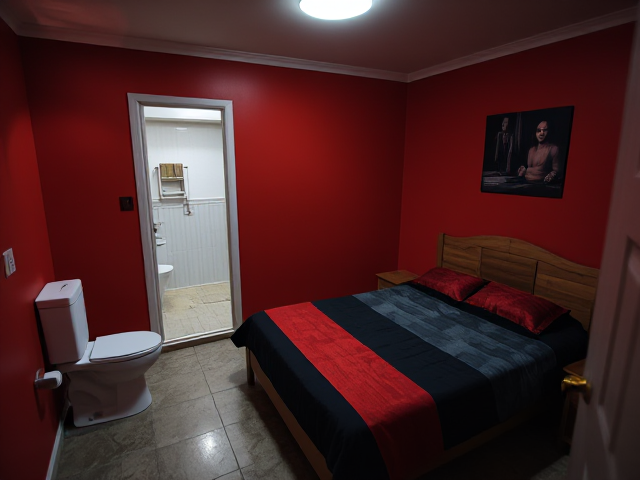 A top floor small bedroom in a big house with a bathroom with a toilet and tub near it red walls a casket bed with black and red covers