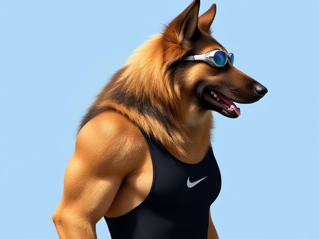 A tall and lean anthropomorphic long haired German shepherd with a long torso and broad shoulders wearing a high cut Nike one piece swimsuit and swimming goggles
