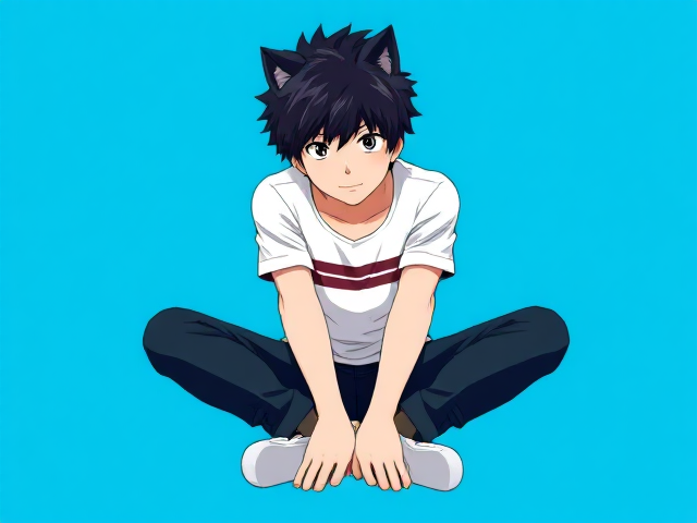 My hero academia oc front view sitting down leaning forward. Fluffy hair. Wolf Cut hair.