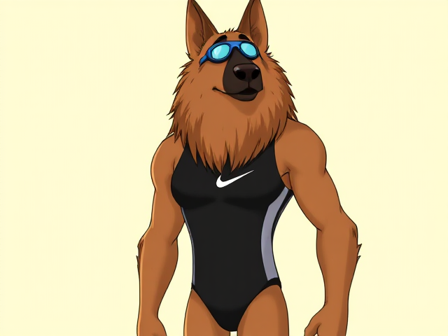 A tall anthropomorphic long haired German shepherd with a long torso and broad shoulders wearing a Nike high cut one piece swimsuit and swimming goggles