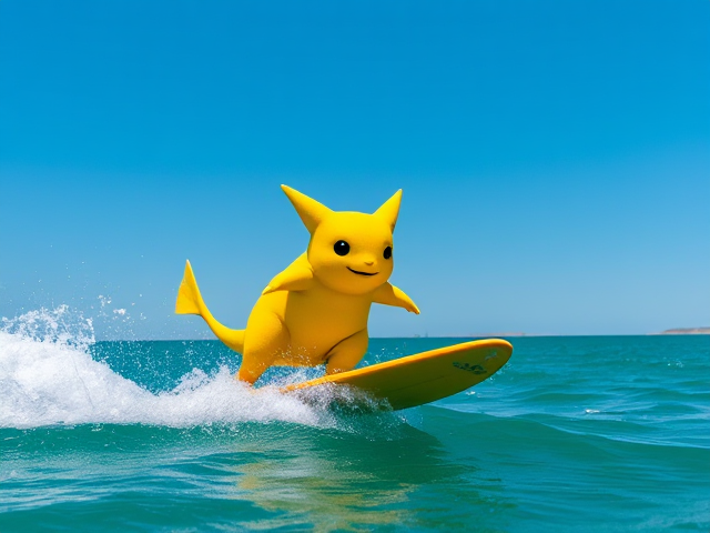 Raichu surfing off the coast of Dubai