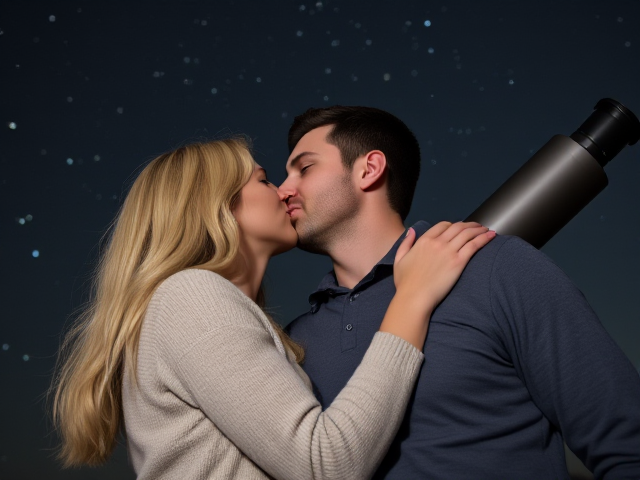 Show an image of a blonde 40 year old woman kissing a taller man beside a telescope with stars overhead. The man is 50 with dark hair and is clean shaven
