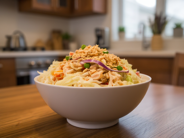 in a cozy kitchen on a table we see a bowl ofKeto Asian Chicken Salad
Ingredients:
1 cup shredded cabbage
½ cup cooked chicken, diced
1 tbsp sesame oil
1 tbsp rice vinegar
1 tsp sesame seeds
Instructions:
Toss cabbage and chicken with sesame oil and rice vinegar.
Sprinkle with sesame seeds before serving.
This Asian-inspired chicken salad is light, crunchy, and packed with flavor. The sesame oil gives it an irresistible nutty aroma. A refreshing twist on your usual salad! 🥗