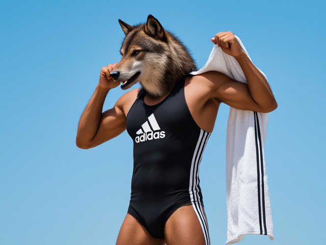 A tall anthropomorphic wolf wearing an adidas swimsuit drying off with a towel