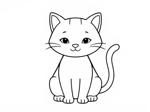 Create a simple black-and-white coloring page featuring a cute little cat designed in a sketch style. The cat should be illustrated as a full-body outline in a mandala style, ensuring it appears playful and approachable for young children aged 2 to 4. Design the cat with basic,friendly features, emphasizing a round body incorporating . Include a friendly expression to enhance its inviting character.