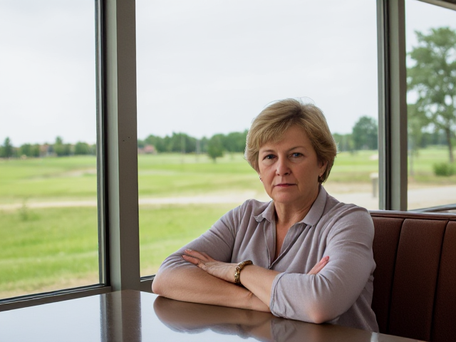 Crabby, disapproving middle aged woman sits at a booth on a golf course