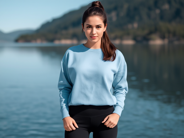 Brunette wearing a light blue sweatshirt and black yoga pants with her hair shortly tied being held over a lake