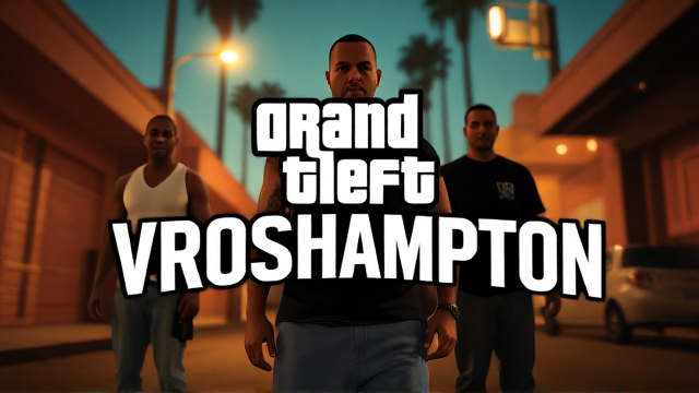 Design a poster inspired by the iconic GTA San Andreas loading screen style, replacing the title with 'VROSHAMPTON' in the exact GTA San Andreas font. The poster should reflect the same bold, comic-style visuals and include five characters similar to those seen in GTA San Andreas. Keep the characters subtle and slightly blurred in the background, while the focus remains on the text 'VROSHAMPTON.' Add soft film grain and cinematic lighting for realism, resembling the quality of a Panavision Panaflex camera from 80s movies. The backdrop should evoke a Los Santos (Los Angeles) urban street vibe, ensuring the design captures the essence of a GTA San Andreas poster.