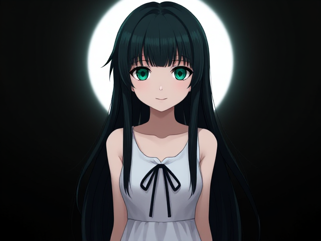 Create a digital illustration of a character inspired by Saya from Saya no Uta, with a similar appearance to the reference image. She should have long, sleek, dark greenish-black hair with slight spikes at the sides, giving her a unique silhouette. Her eyes are large, expressive, and a vibrant emerald green, adding an innocent but subtly unsettling aura. She wears a simple, sleeveless white dress that falls just above her knees, with a delicate black ribbon tied at the neckline. The background is minimalistic and dark to highlight her figure, with subtle shadows or faint mist to evoke a mysterious and dreamlike atmosphere. The character should have a gentle smile, creating a sense of innocence mixed with an eerie undertone.Create a mysterious and dreamlike female character inspired by Saya from Saya no Uta. She is slender, with pale, almost ethereal skin, and large, expressive emerald green eyes that convey an intriguing yet slightly unsettling innocence. Her long, straight hair is either deep black or a silvery hue, framing her face softly but captivatingly. She wears a light, flowing white dress that appears to drift around her, with a delicate, petal-like design. The background is dark and misty, as if she’s in a dreamscape or a shadowed forest, with a soft light behind her creating an almost supernatural aura. The atmosphere should be both beautiful and eerie, with tones of green, blue, and black to give a sense of otherworldly strangeness.