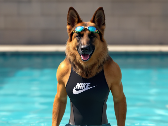A tall anthropomorphic long haired German shepherd with a long torso and broad shoulders wearing a high cut Nike one piece swimsuit and swimming goggles