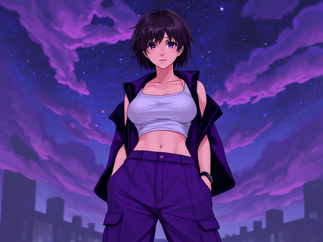 baggy cargo pants, sleeveless crop top, black and purple fluffy shirt hair. Nonbinary. Oc