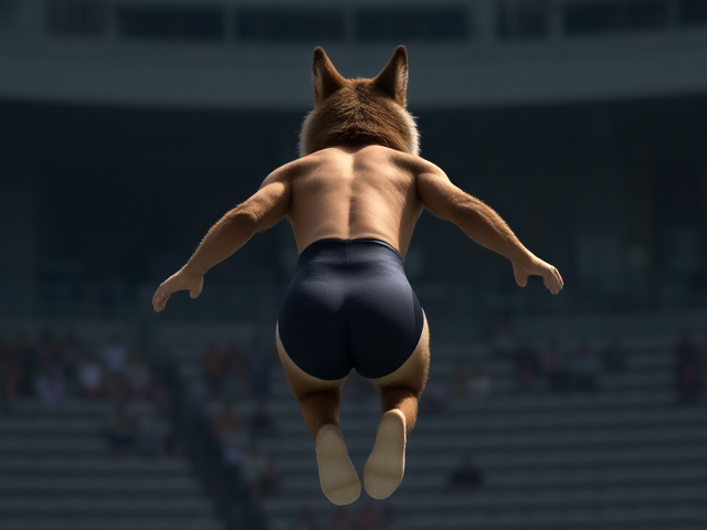 A anthropomorphic wolf Olympic diver wearing a high-cut one piece swimsuit jumping off a springboard