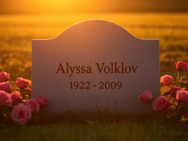 A grave that has the name 'Alyssa Volklov 1992-2009' engraved on it with roses surrounding it