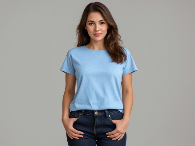 Brunette wearing a light blue t shirt and dark blue jeans