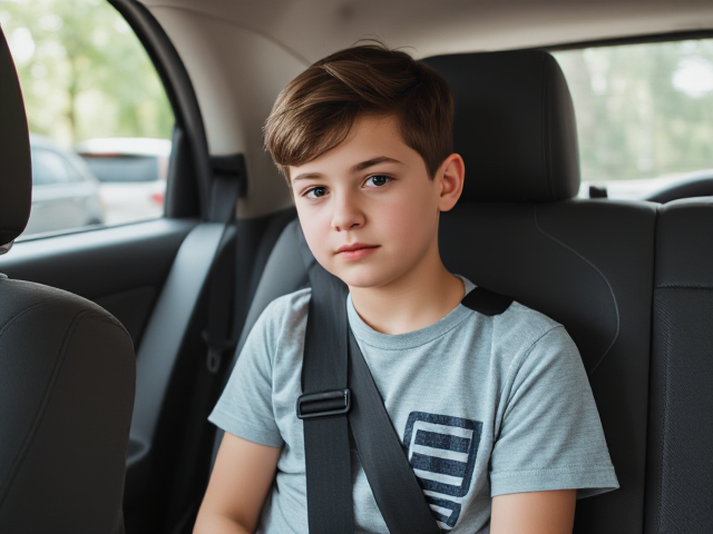 A feminine bored teenage boy sitting in a back seat booster seat. 5 point harness.
