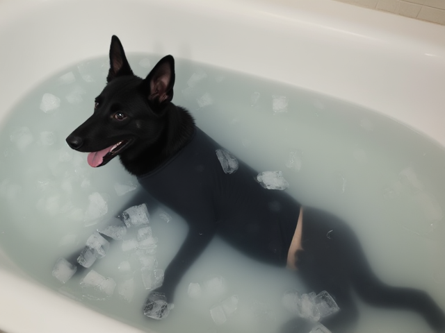 A anthropomorphic black German shepherd wearing a gymnastics leotard submerged in a bathtub full of ice