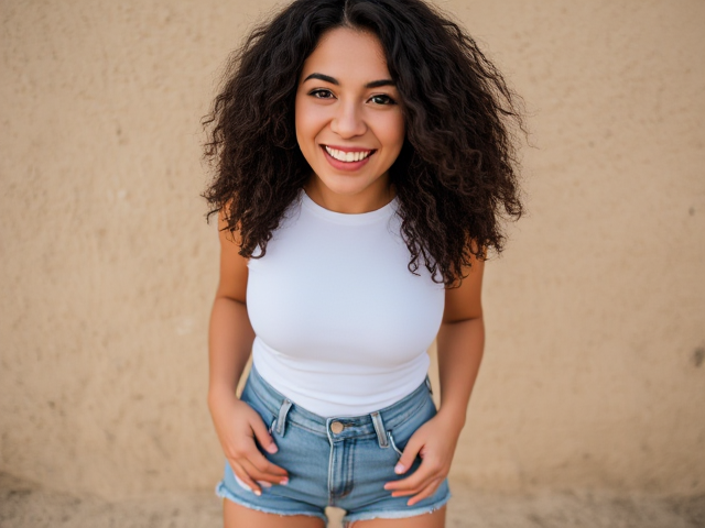 beautiful thirty-something semitic woman with dark curly hair, a white tank top shirt, short jean shorts and sandles.  She is grinning.