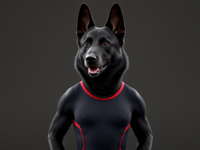 A anthropomorphic black German shepherd Olympic gymnast wearing a leotard