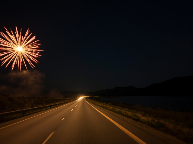 Star in firework light driving down a massive road with a lake on the right at night